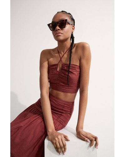 Warehouse Voile Ruched Strappy Crop Top - Red