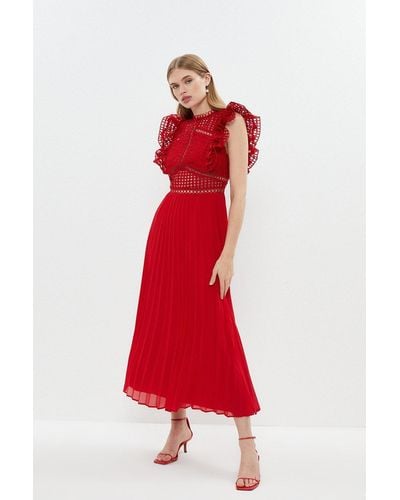 Coast Crochet Panelled Lace Bodice Pleat Dress - Red
