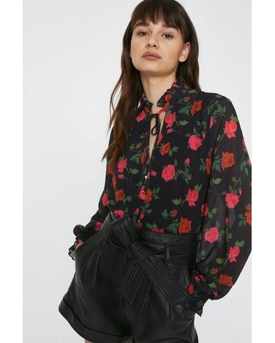 Warehouse Tie Neck Blouse In Floral - Black