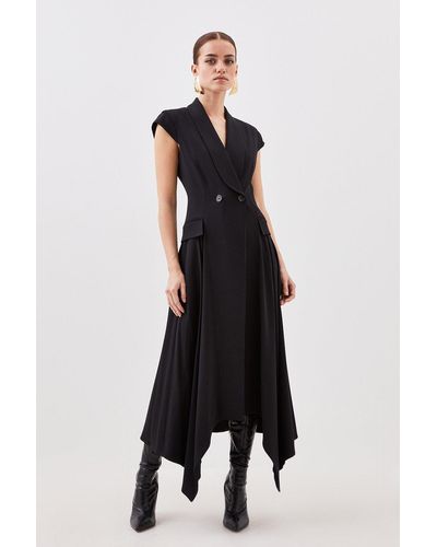 Karen Millen Petite Tailored Polished Viscose Collared Detail Tuxedo Midi Dress - Black