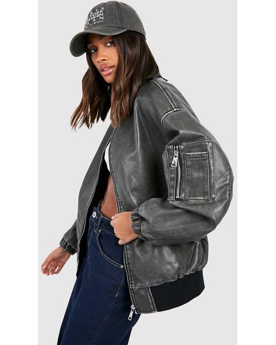 Boohoo Vintage Look Faux Leather Oversized Bomber - Grey