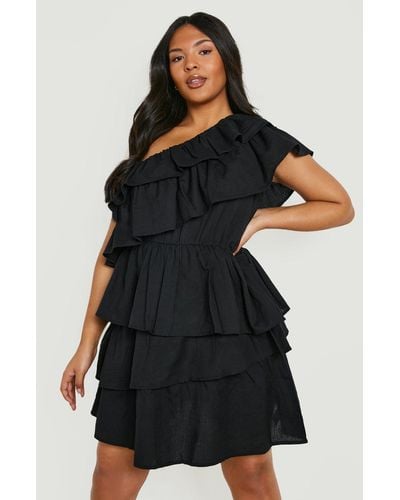 Boohoo Plus Ruffle Tiered One Shoulder Dress - Black