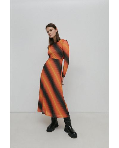 Warehouse Retro Stripe Mesh Midi Dress - Orange