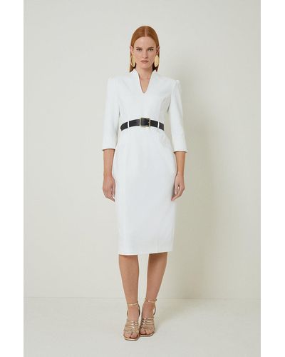 Karen Millen Petite Tailored Structured Crepe High Neck Belted Pencil Dress - White