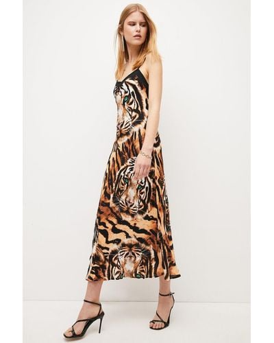 Karen Millen Conversational Tiger Viscose Crepe Midi Slip Dress - Natural