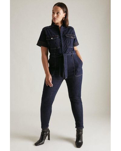 Karen Millen Plus Size Denim Short Sleeve Belted Jumpsuit - Blue