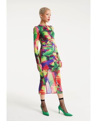 House of Holland Abstract Multicolour Print Midi Dress With Ruching Detail - White