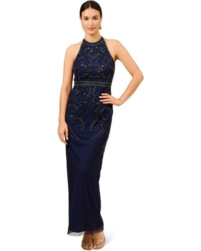 Adrianna Papell Beaded Halter Gown - Blue
