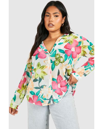 Boohoo Plus Floral Chiffon Oversized Shirt - Multicolour