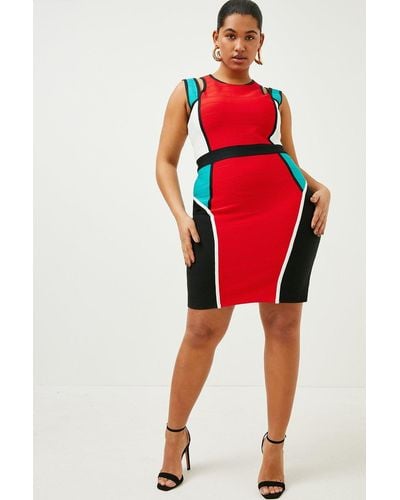 Karen Millen Plus Size Sporty Colour Block Bandage Knit Dress - Red