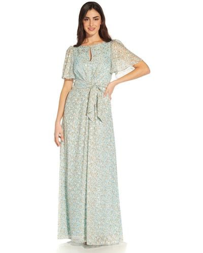 Adrianna Papell Floral Chiffon Tie Gown - White