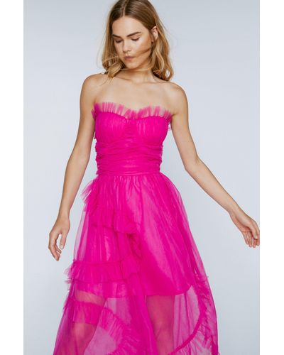 Nasty Gal Tulle Cup Detail Bardot Frill Dress - Pink