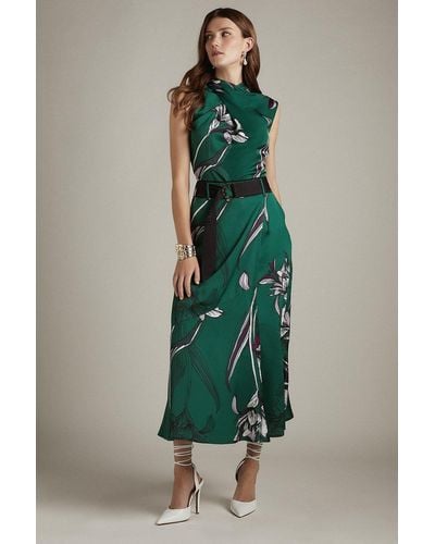 Karen Millen Lily Print Belted Fluid Satin Skirt - Green