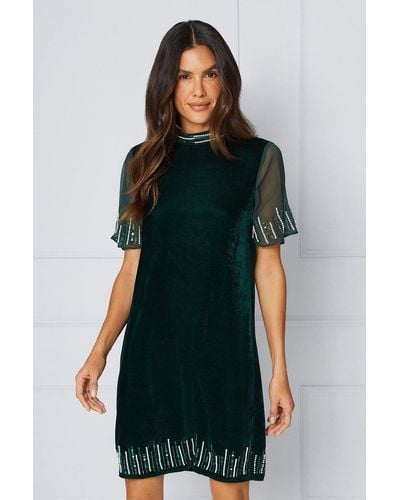 Wallis Velvet Embellished Shift Dress - Green