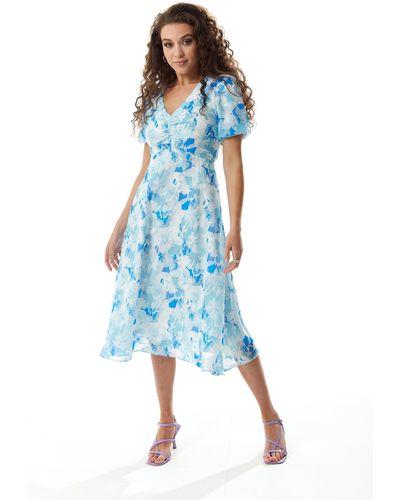 Liquorish Blue Floral Midi Dress With Short Sleeves
