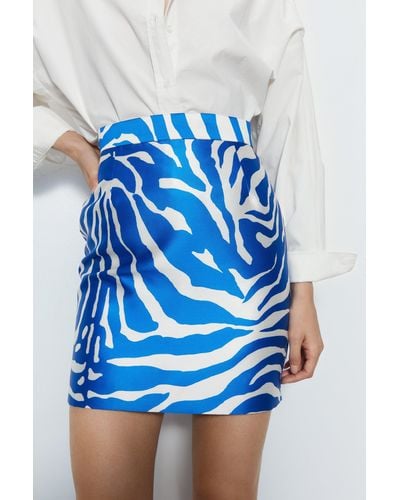 Warehouse Premium Printed Satin Twill Mini Skirt - Blue