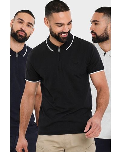Threadbare 3 Pack 'coventry' Zip Collar Polo Shirts - Black