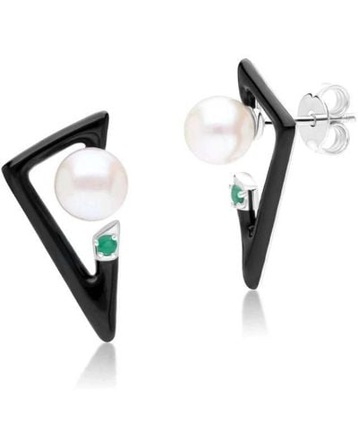 Gemondo White Pearl & Emerald Sterling Silver Art Deco Style Retro Stud Earrings One Size - Black
