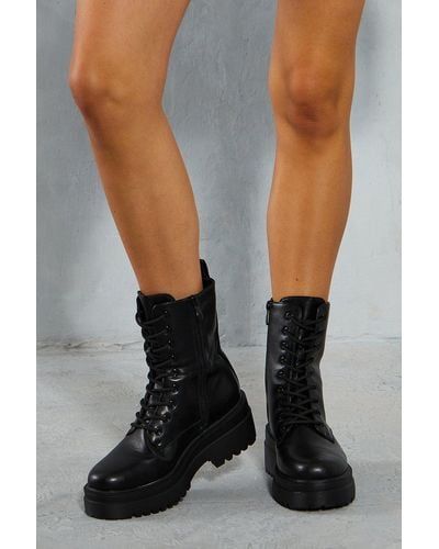 MissPap Leather Look Lace Up Boots - Black