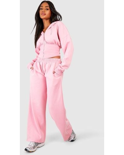 Boohoo Corset Zip Hoodie And Straight Leg Jogger Tracksuit - Pink