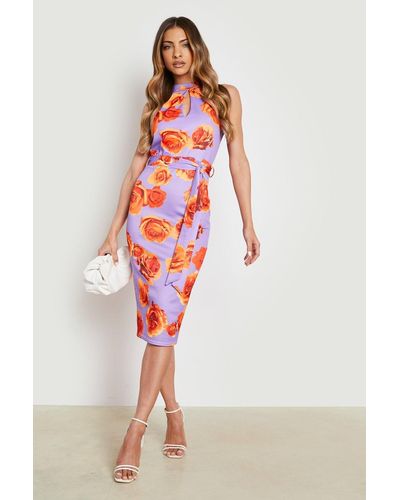 Boohoo Large Scale Floral High Neck Midi Dress - Red