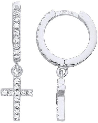 Jewelco London Silver Eternity Huggie Hoop Cross Drop Earrings - Gve951 - White