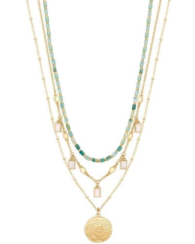 Mood Gold Blue Coastal Bead And Mother Of Pearl Charm Layered Necklaces - Pack Of 3 - Metallic