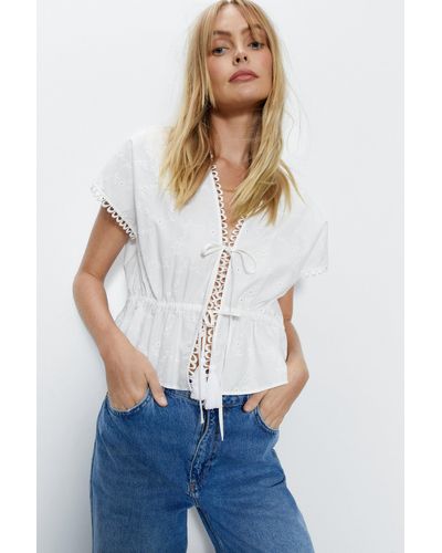 Warehouse Tie Front Broderie Top - White