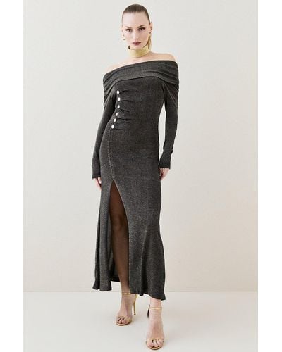 Karen Millen Sparkle Slinky Knit Drape Bardot Midaxi Dress - Metallic