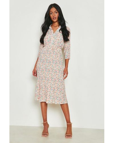 Boohoo Tall Floral Belted Pleated Midi Dress - Natural