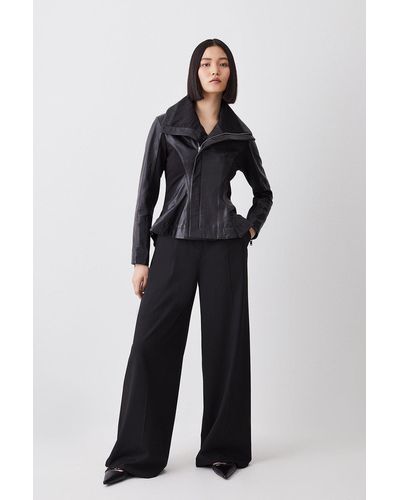 Karen Millen Leather Drape And Ponte Waterfall Hem Jacket - Blue