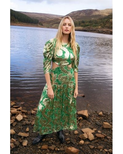 Warehouse Wh X William Morris Society Sparkle Cut Out Midi Dress - Green