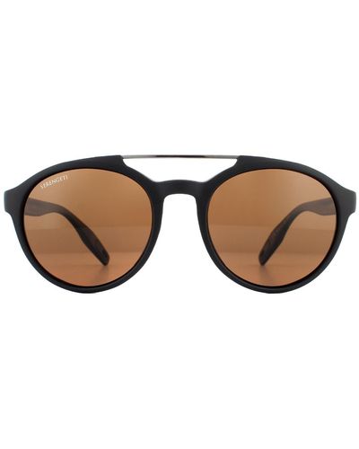Serengeti Round Matte Black And Shiny Gunmetal Mineral Polarized Drivers Sunglasses - Brown