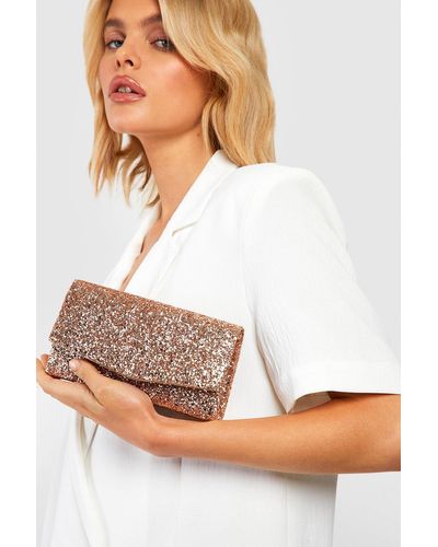 Boohoo Structured Glitter Envelope Clutch Bag With Chain - White