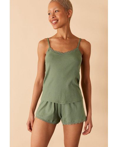 Accessorize Lace Trim Ribbed Vest Pyjama Set - Green