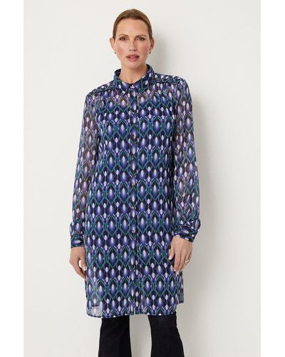 Wallis Tall Geo Print Chiffon Longline Shirt - Blue