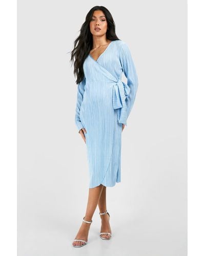 Boohoo Maternity Plisse Wrap Belted Midi Dress - Blue