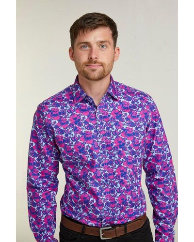 Double Two Pink Rose Floral Print Long Sleeve Formal Shirt - Purple