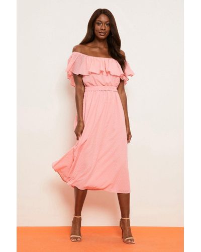 Wallis Coral Dobby Off-shoulder Belted Midi Dress - Pink