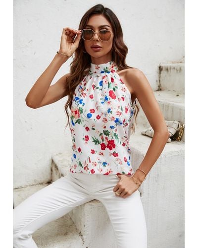 FS Collection Multicolour Floral Print Halter Neck Tie Back Top In White