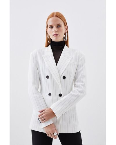Karen Millen Tailored Compact Stretch Pinstripe Double Breasted Blazer - White