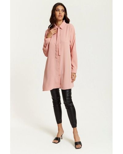 Hoxton Gal Oversized Tie Detailed Shirt Tunic With Long Sleeves - Pink