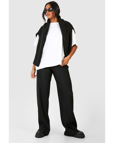 Boohoo Plisse Crepe Drawcord Full Length Trousers - Black