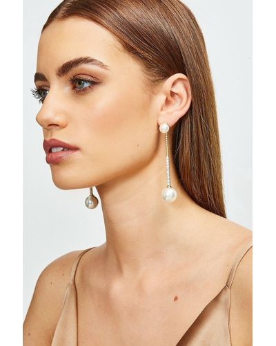 Karen Millen Gold Plated Diamante Pearl Drop Earrings - Natural