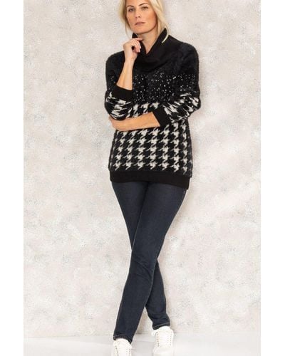 Klass Houndstooth Feather Knit Cowl Neck Top - Black