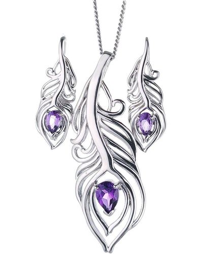 Ojewellery Amethyst Peacock Feather Necklace Earring Set - White