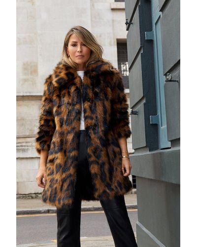 Oasis Rachel Stevens Collared Animal Faux Fur Midi Coat - Black