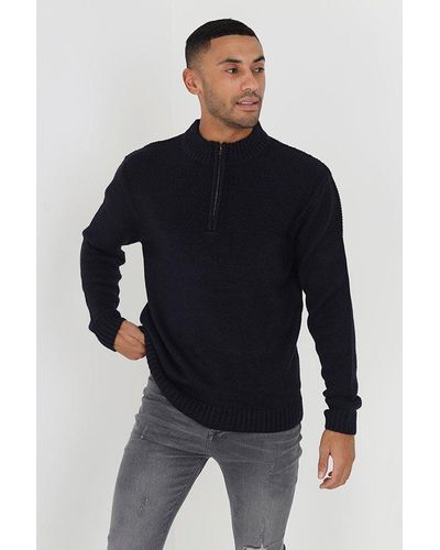 Brave Soul 'dittion' Quarter Zip Neck Waffle Knit Jumper - Blue