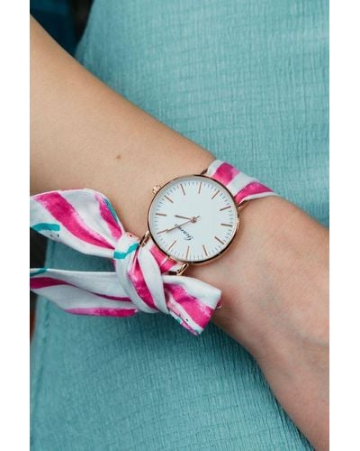 The Colourful Aura Pink Watermelon Print Changeable Fabric Strap Boho Women Wristwatch - Blue