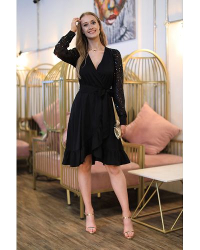 Double Second Wrap Dress With Sequin Sleeves - Black